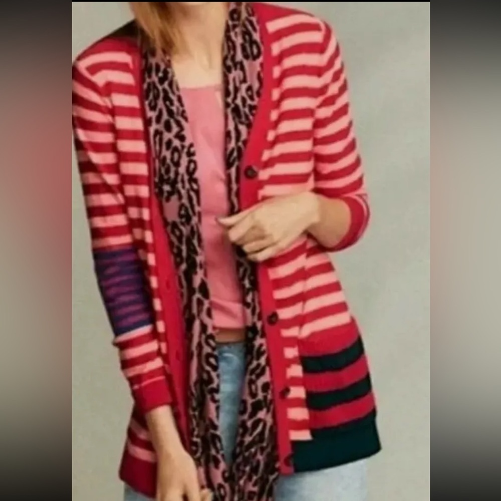Cabi Picnic Cardigan red pink striped button front sweater Medium style 5446